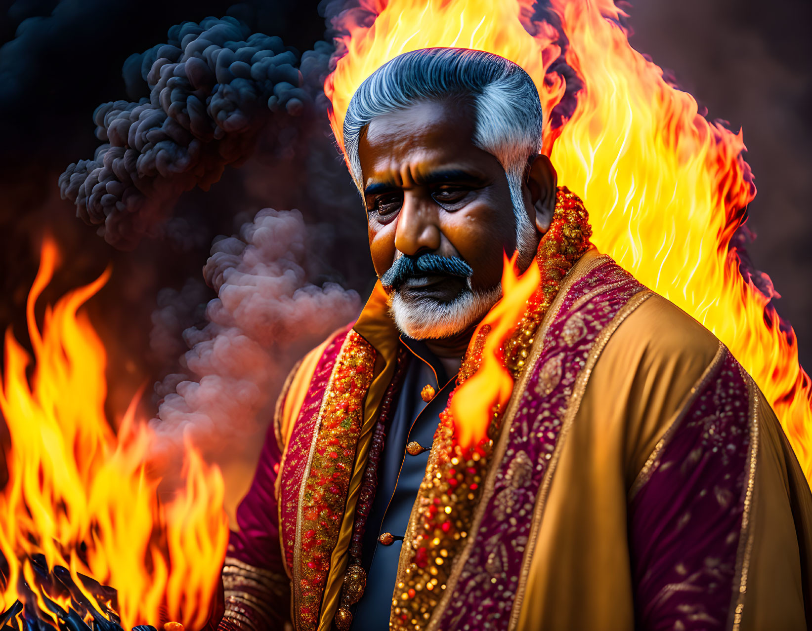 Elderly man in traditional attire amid fiery backdrop