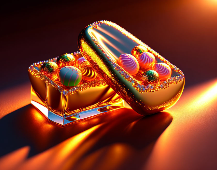 Golden 3D-rendered image of jewel-encrusted container with colorful spheres