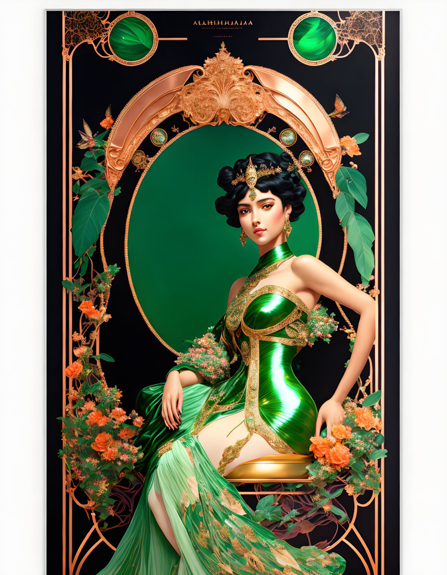 Art Nouveau Style Woman in Green Dress with Golden Accents