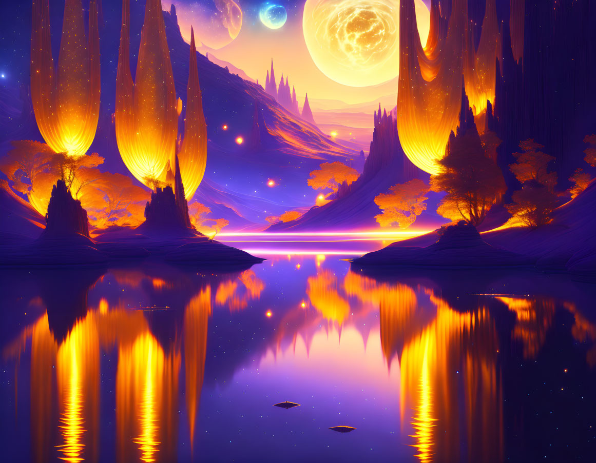 Vibrant Fantasy Landscape with Luminescent Trees and Dual Moons