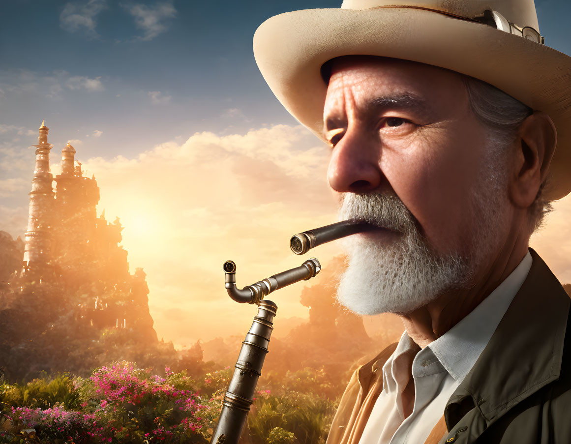 Elderly Man with White Mustache Smoking Pipe at Sunset