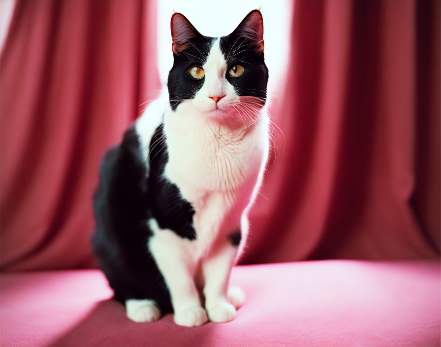 Black and white cat posing against crimson curtains