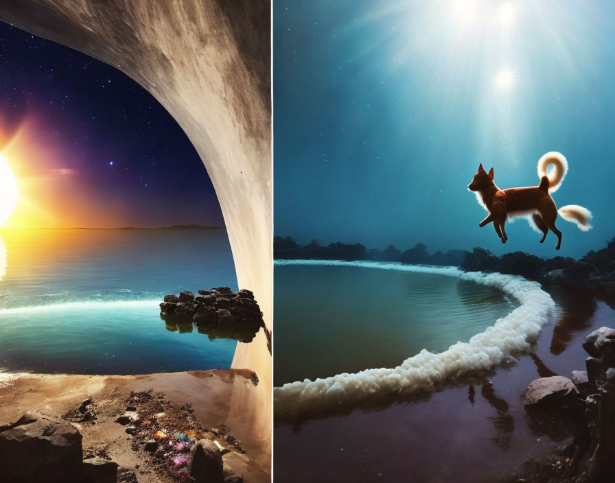 Fantastical scenes: Cave entrance under starry sky & calm sea, fox leaping over lake