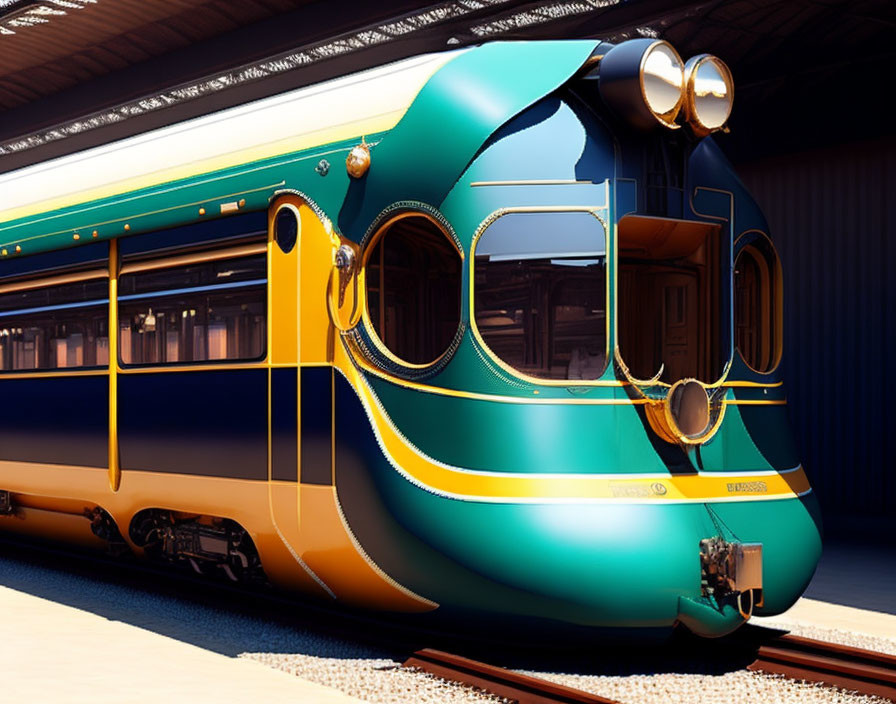 Modern blue and green train at station platform in sunlight