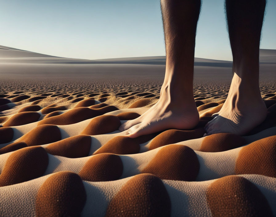 Person's bare feet on textured sand dune in vast desert landscape