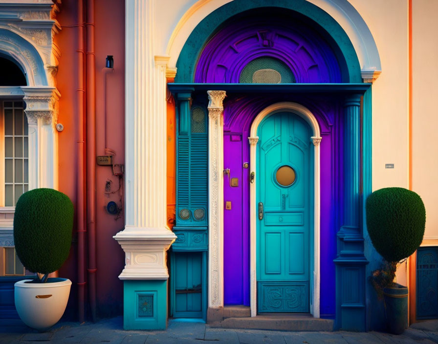 Colorful Street Scene with Orange and Blue Doors, Classical Columns, and Topiary