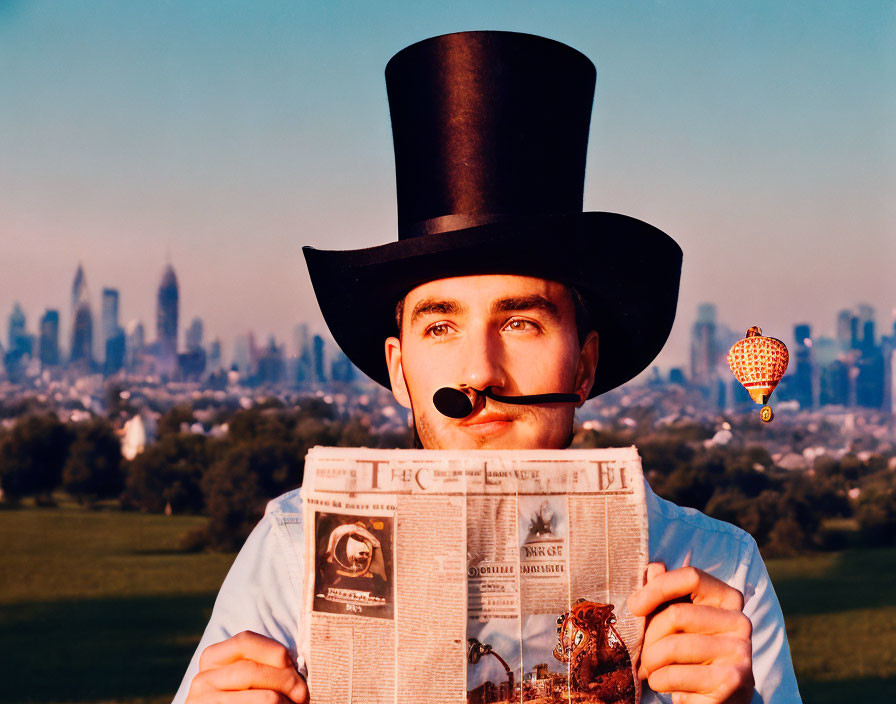 Man with Top Hat and Mustache Reading Newspaper in Field with City Skyline and Hot Air Balloon