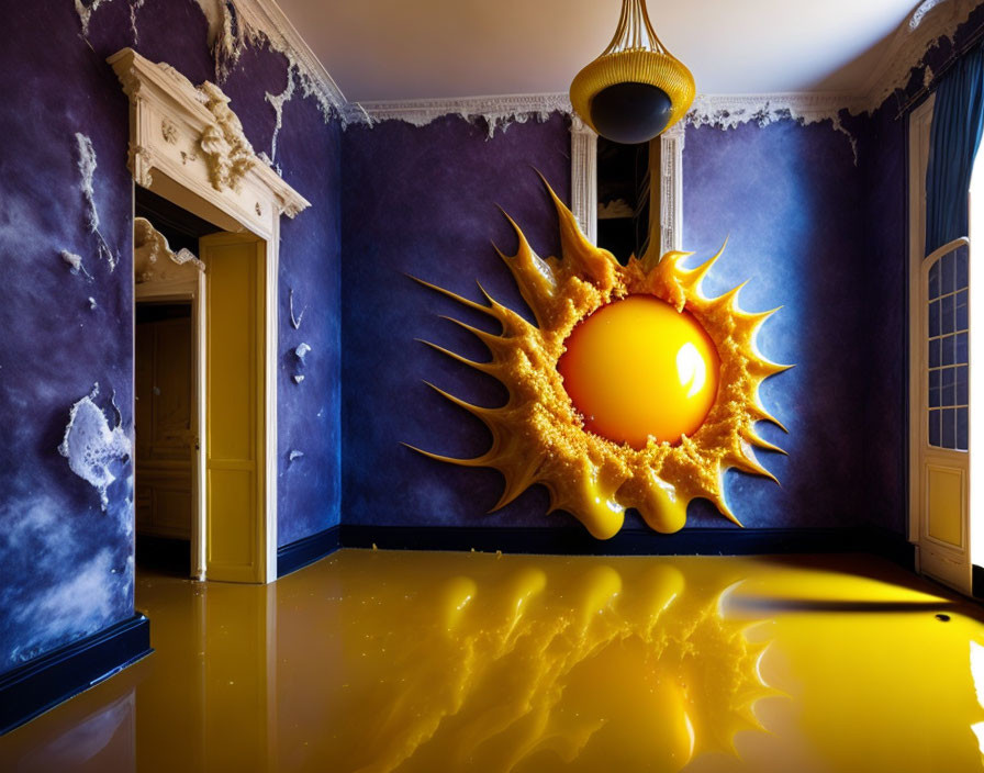 Surreal purple room with golden sun splash and glossy floor