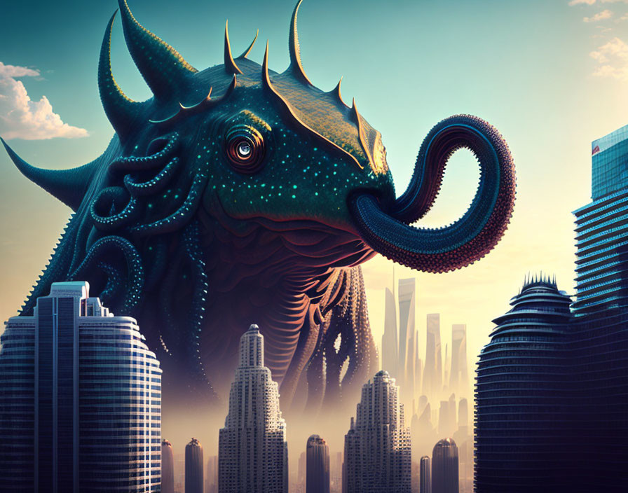 Gigantic horned creature with tentacle trunk in futuristic cityscape