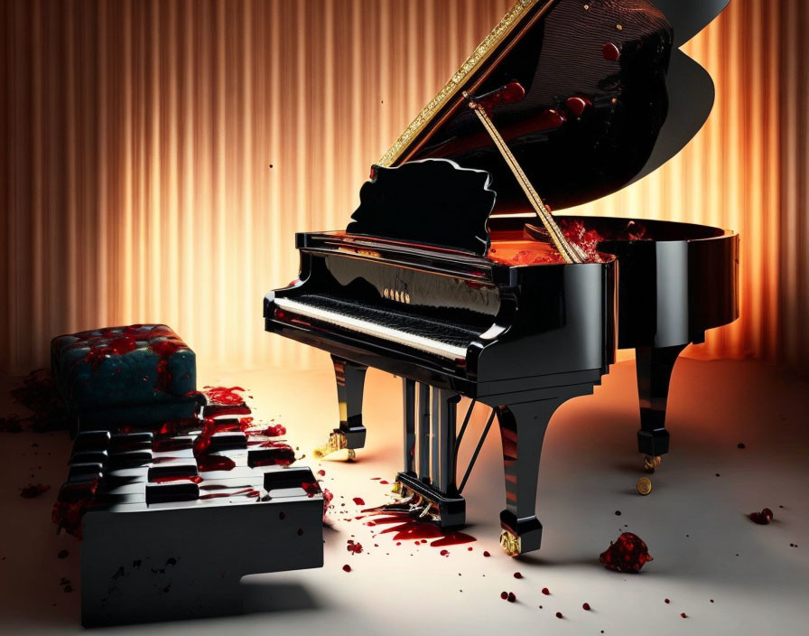 Shattered grand piano with red liquid splatter