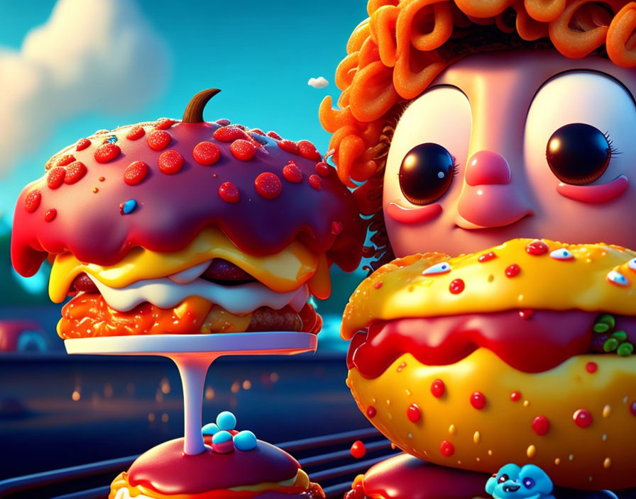 Colorful 3D Animation of Character with Doughnut Eyes and Cheeseburger Stare