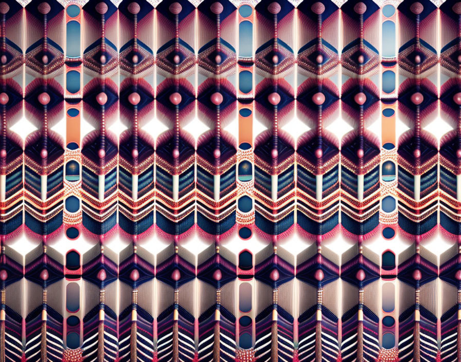 Symmetrical geometric pattern in pink, blue, and beige.