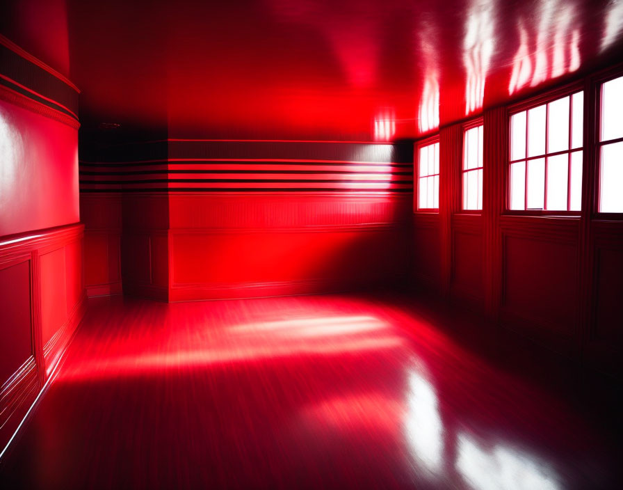 Red Glow Empty Room with Red Walls and Eerie Shadows