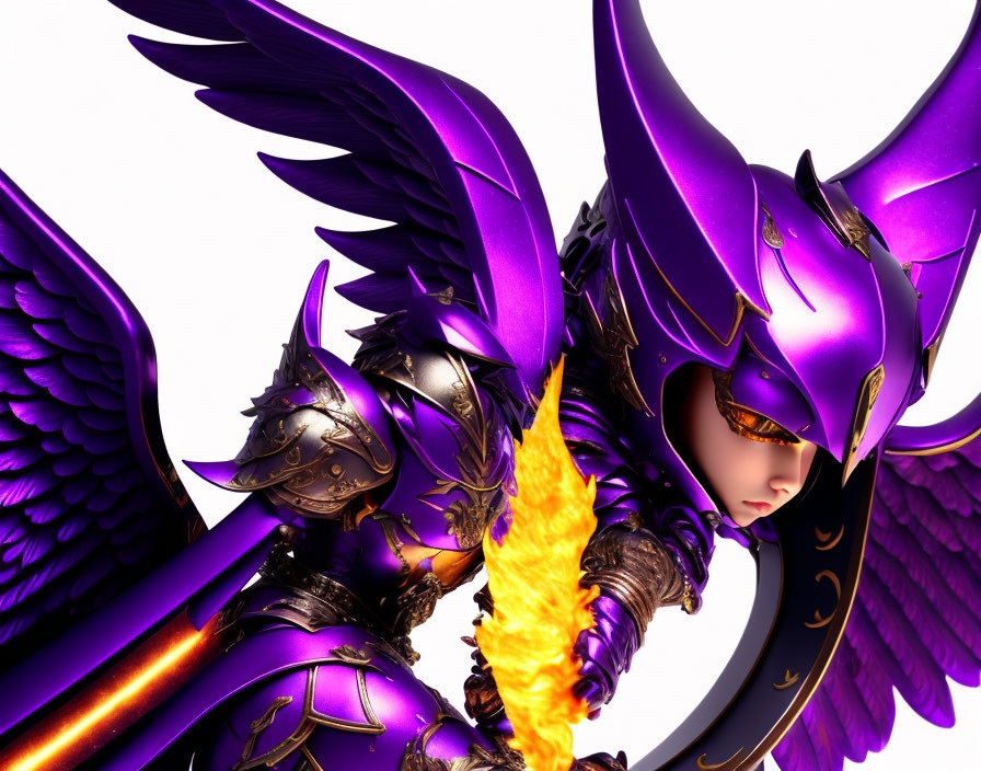 Colorful 3D character illustration in purple armor with wings and fiery sword