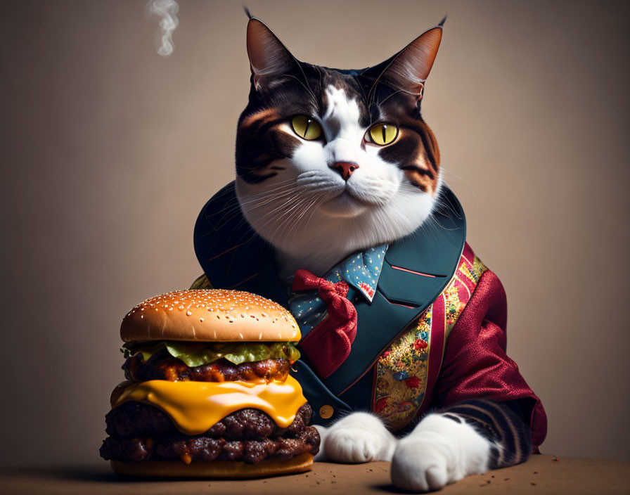 Cat with human body in suit sitting by cheeseburger and smoke, whimsical expression.