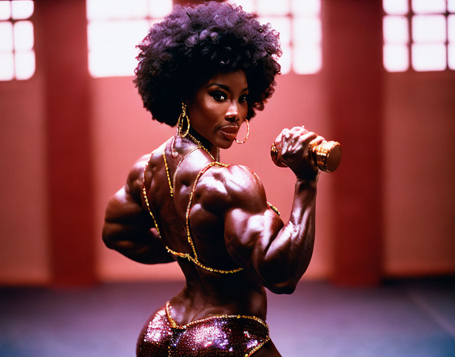 Muscular person with afro hairstyle flexing bicep in shimmering attire