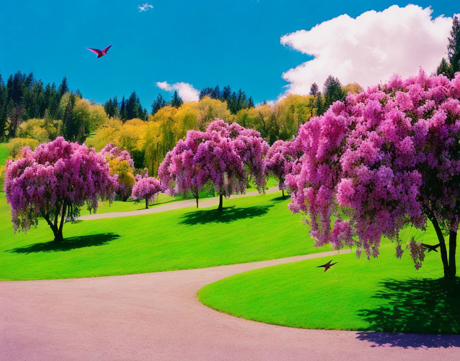 Lush green park with pink cherry blossoms and birds in flight