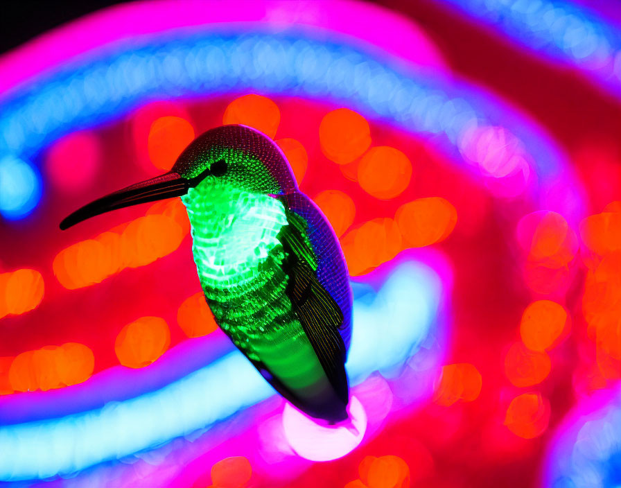 Silhouette of hummingbird on vibrant red and blue bokeh background