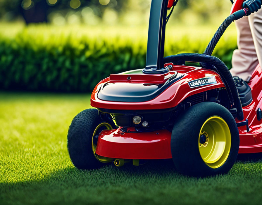 Red Lawn Mower with Yellow Wheels on Freshly Cut Grass Lawn