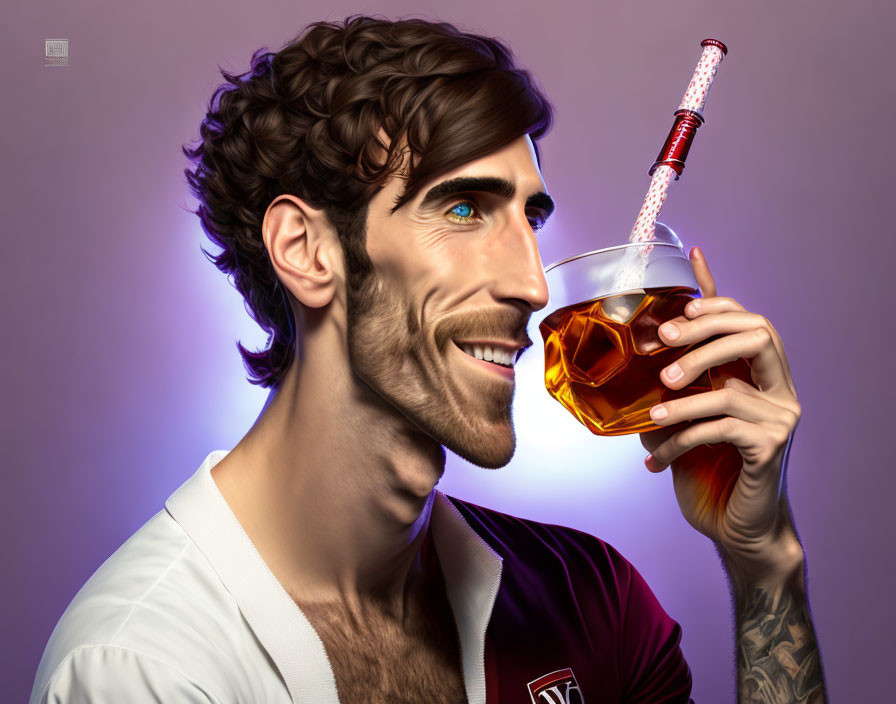 Smiling man with dark hair holding a glass on purple background