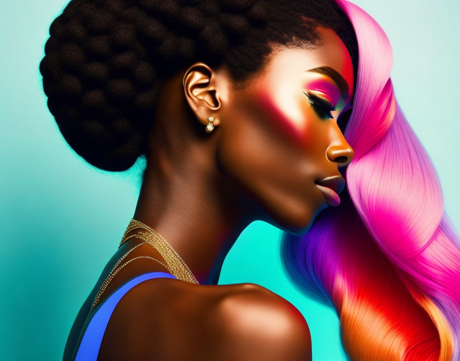 Dark-skinned woman with vibrant pink and blue hair and bold makeup on turquoise background