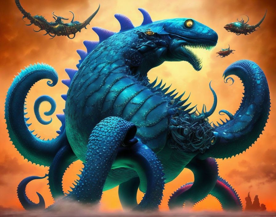 Gigantic Blue Sea Monster with Tentacles and Flying Creatures in Orange Sky