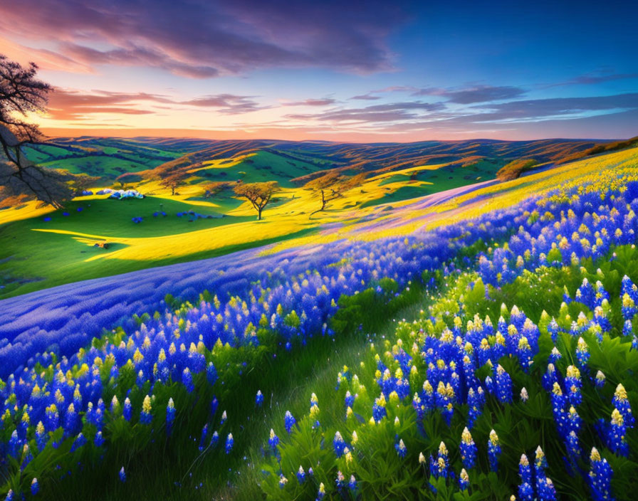 Vibrant blue and purple flowers on rolling hills at sunset