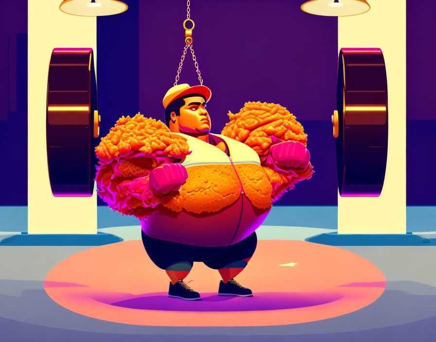 Character with Burger Body Lifting Fried Chicken Weights in Gym