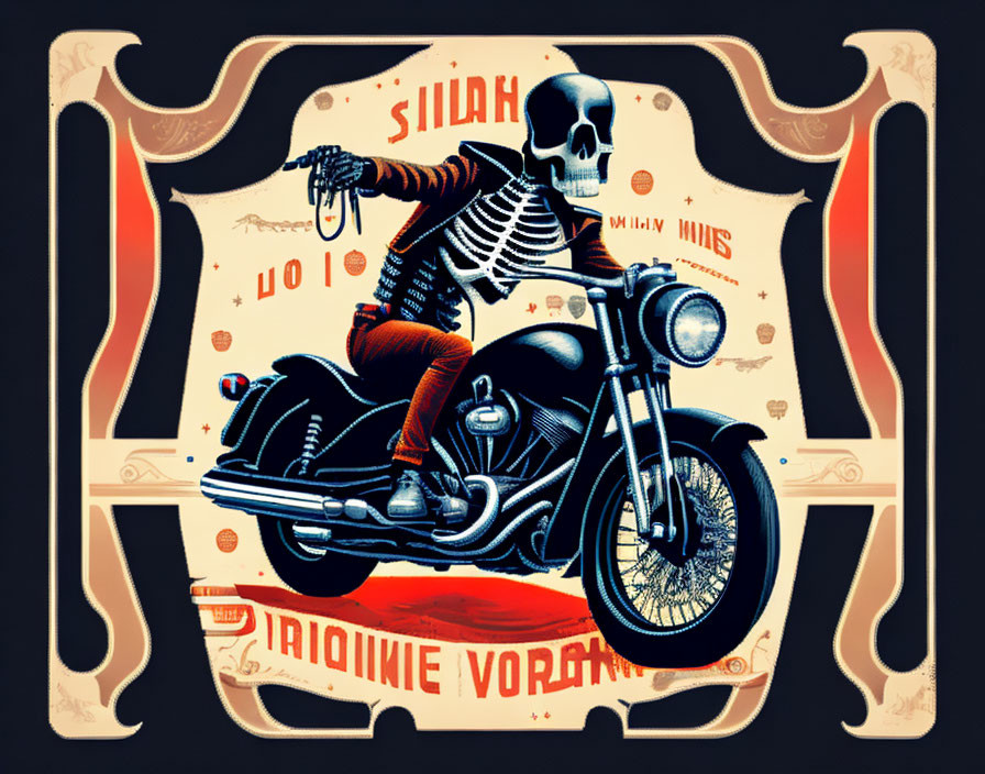 Skeleton riding classic motorcycle with vintage typography in artistic illustration