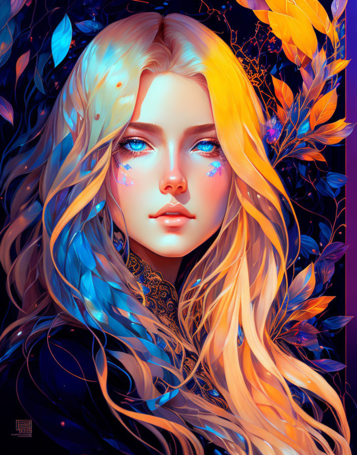 Vibrant digital portrait of woman with blond hair and blue eyes among colorful leaves