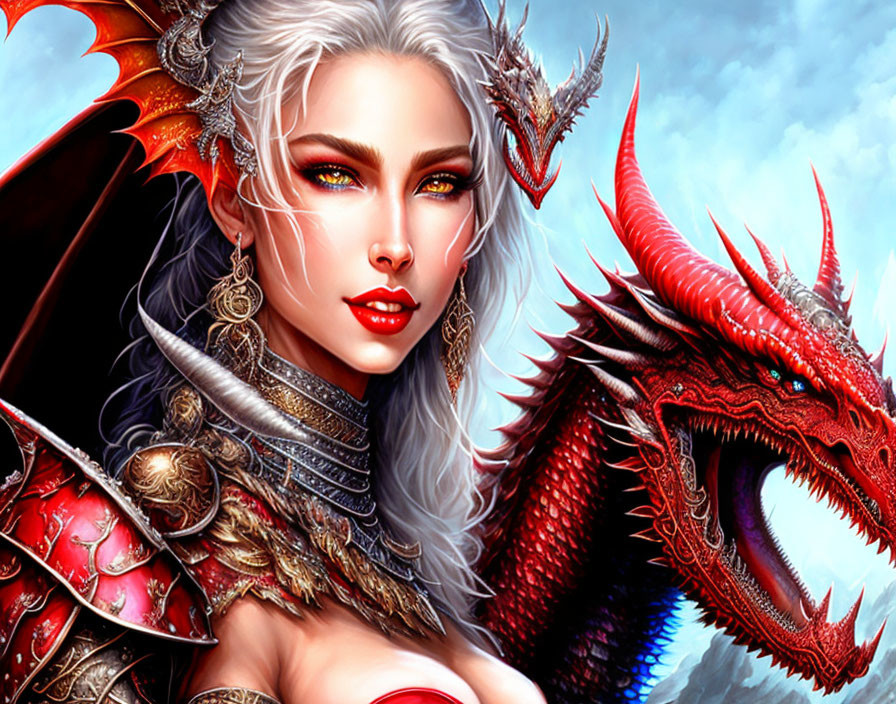 White-Haired Warrior Woman with Red Dragon in Ornate Armor