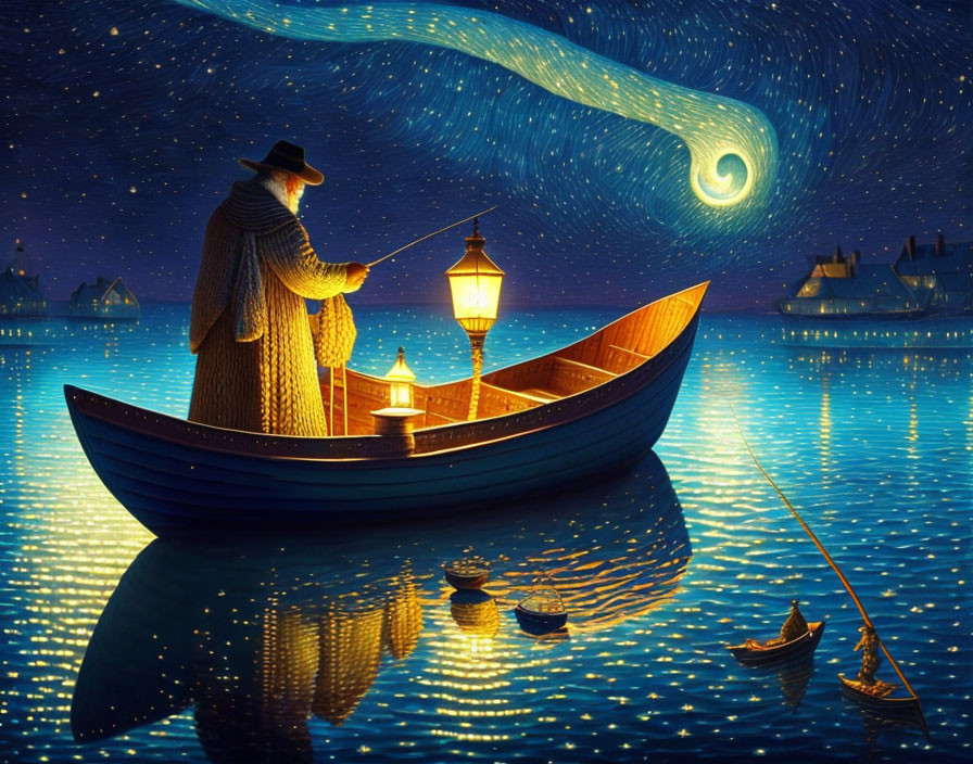 Fisherman in hat on boat under starry night sky with lantern and fishing rod