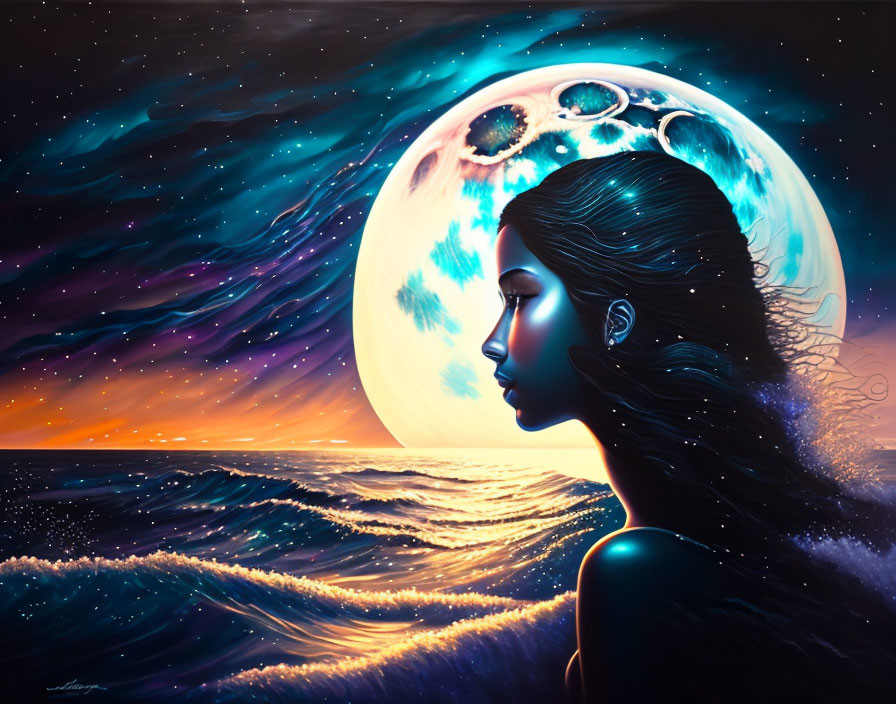 Surreal artwork: Woman merging with ocean waves under detailed moon