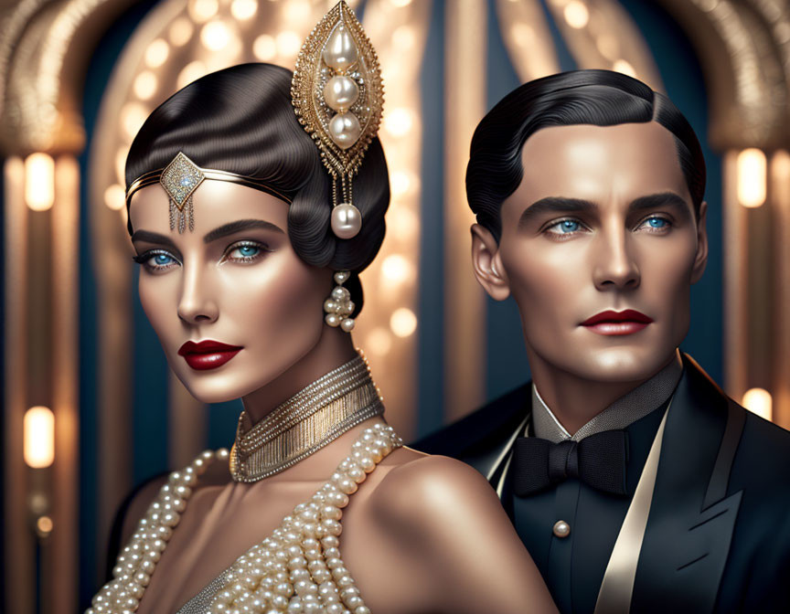 Illustrated Elegant Couple in Art Deco Setting