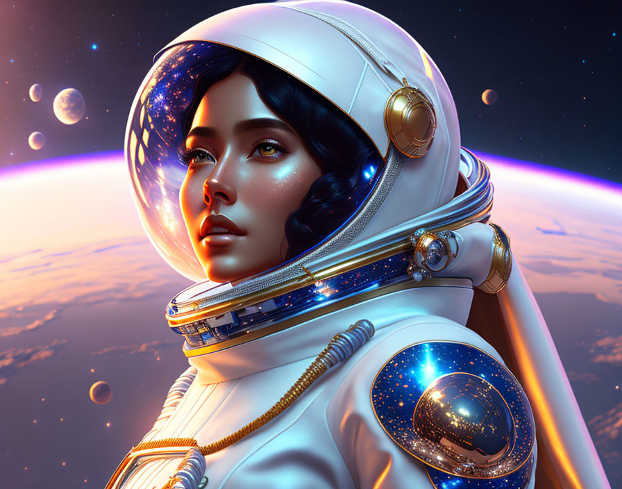 Female astronaut with reflective helmet in vibrant outer space