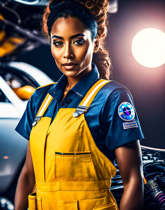 Confident woman in yellow and blue mechanic's jumpsuit in workshop with car and mechanical parts.