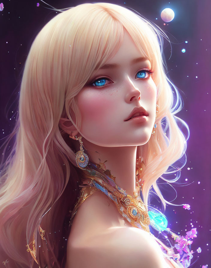 Digital illustration: Young woman with blonde hair, blue eyes, golden jewelry, cosmic background