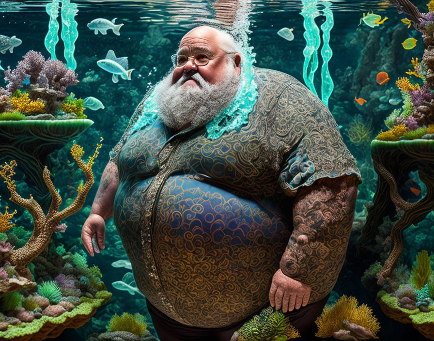 Elderly man with white beard and tattoos in underwater scene