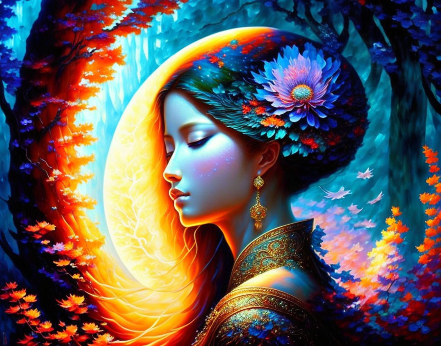 Colorful artwork: Woman with glowing aura in autumn forest