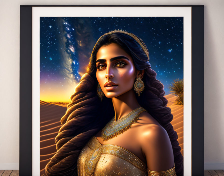 Woman adorned with jewelry and makeup in desert setting illustration.