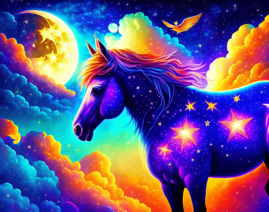 Neon-colored horse under cosmic sky with crescent moon