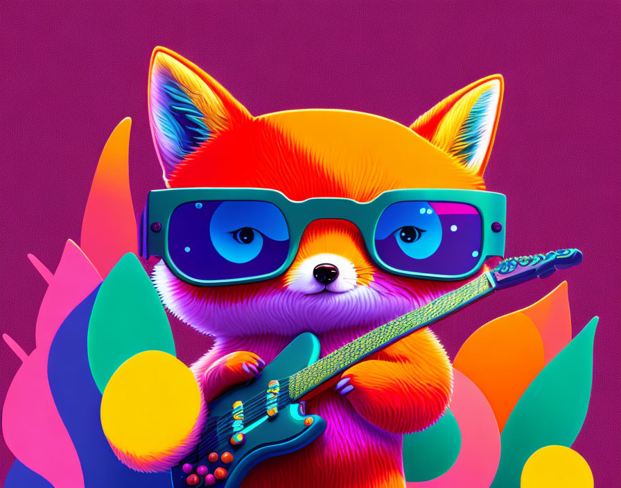 Vibrant Cartoon Fox with Guitar and Glasses in Colorful Illustration