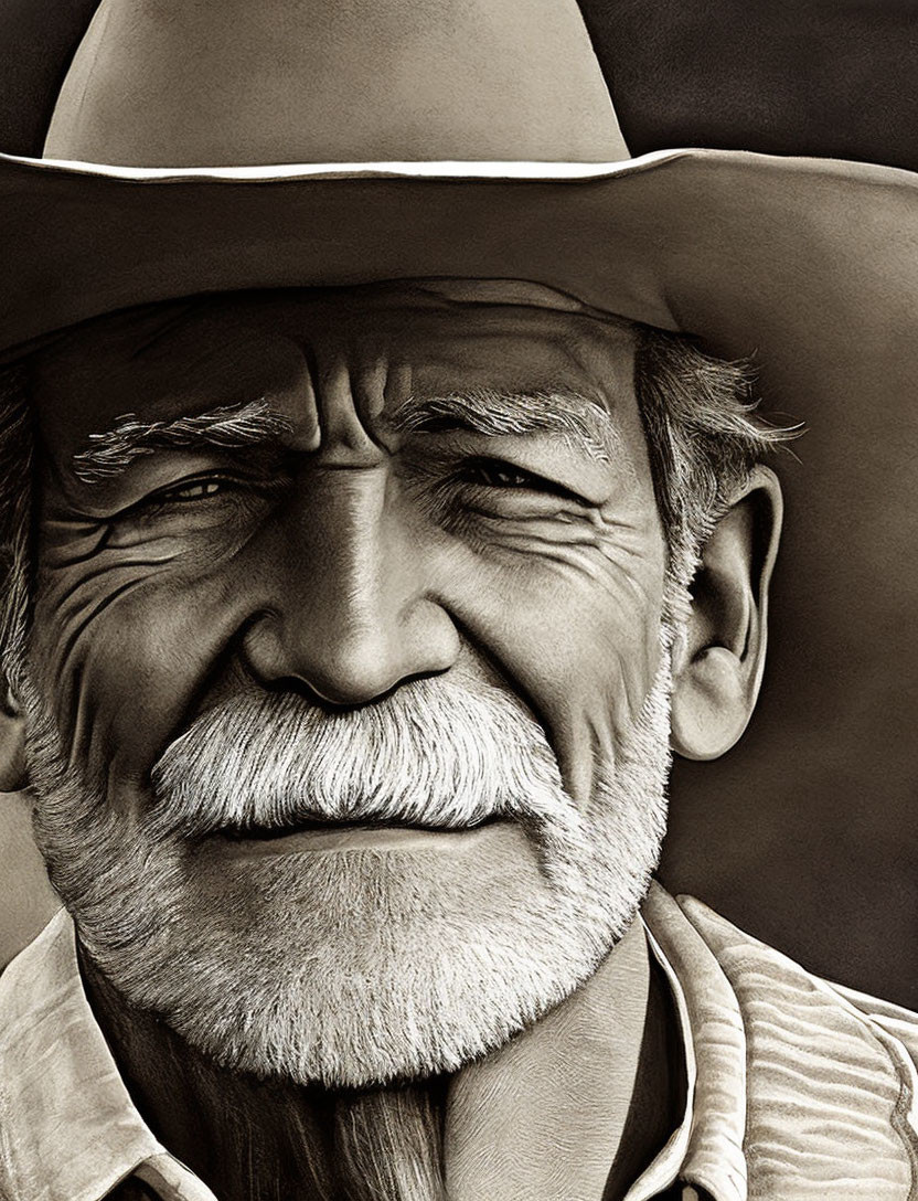 Weathered man with cowboy hat, stern expression, and wrinkles portraying experience.