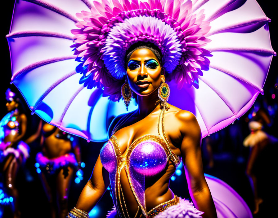 Colorful performer in purple and white feathers and sequins with dazzling makeup