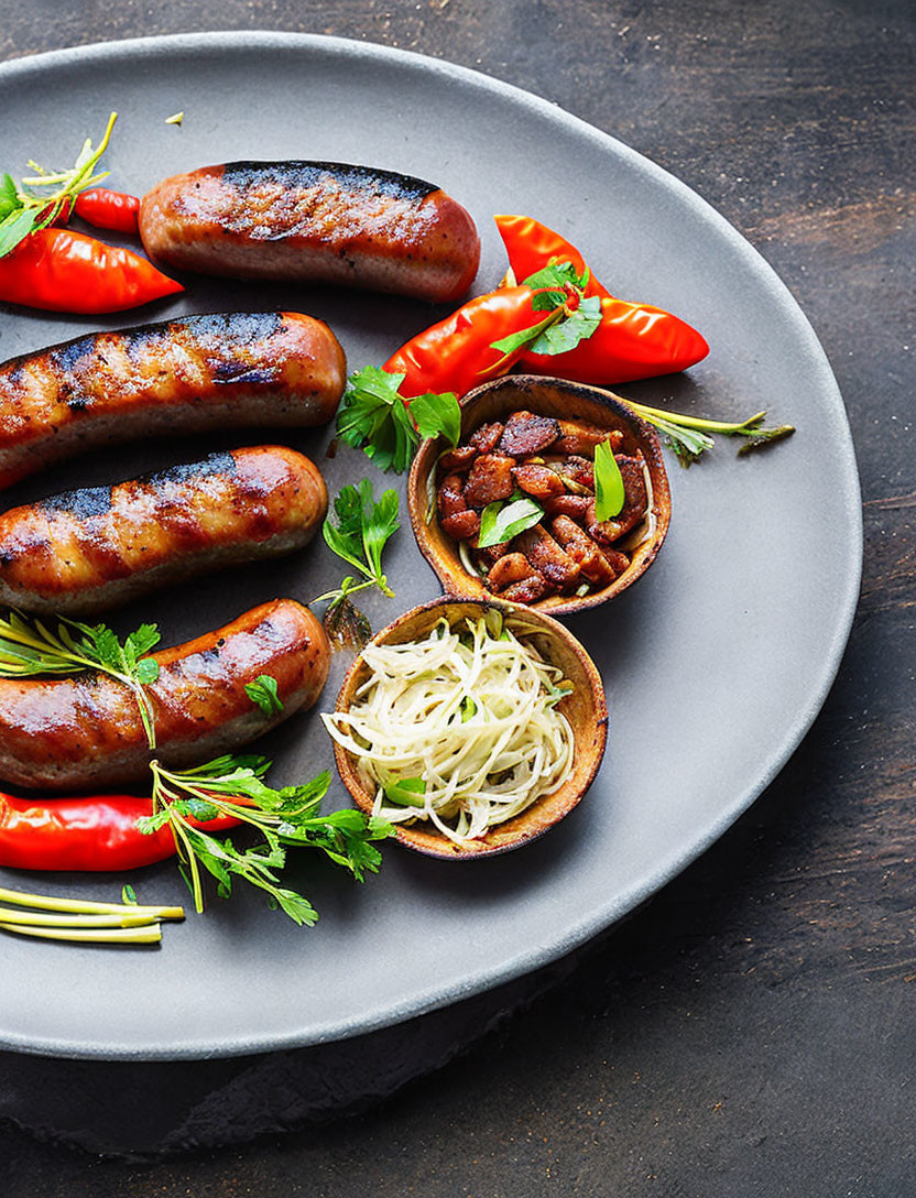 Plate of Grilled Sausages with Red Chili Peppers and Onions