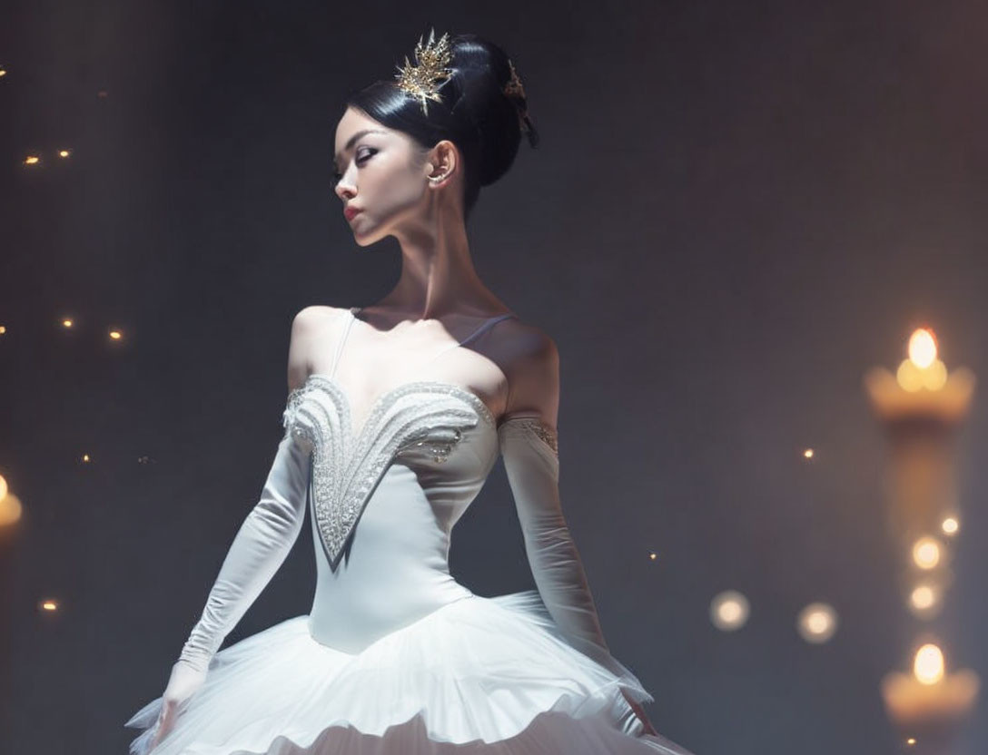 Elegant Ballerina in White Costume Against Dark Background