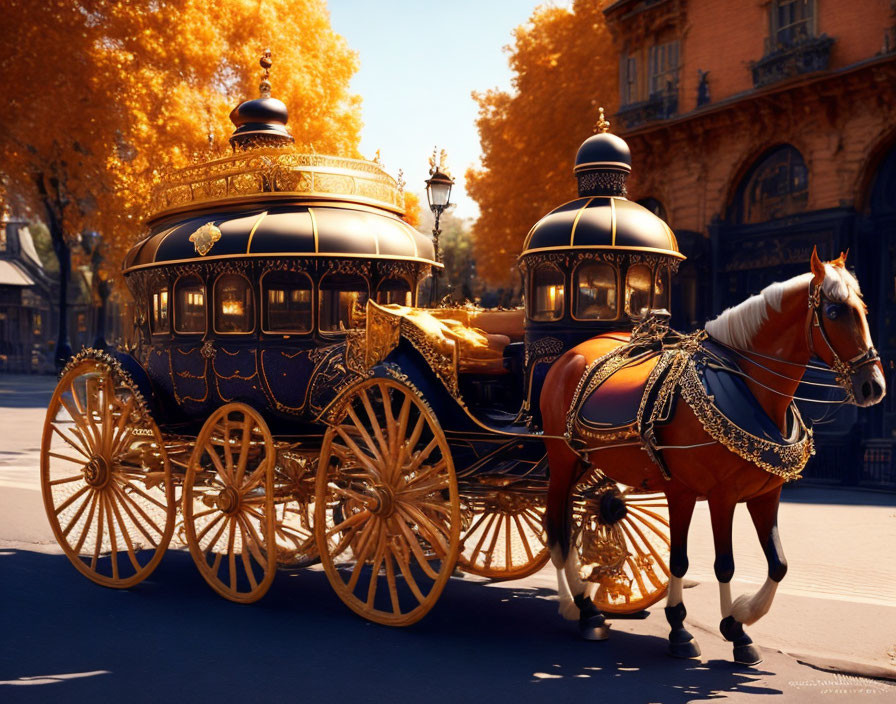 Royal coach drawn by brown horse on city street with autumn trees