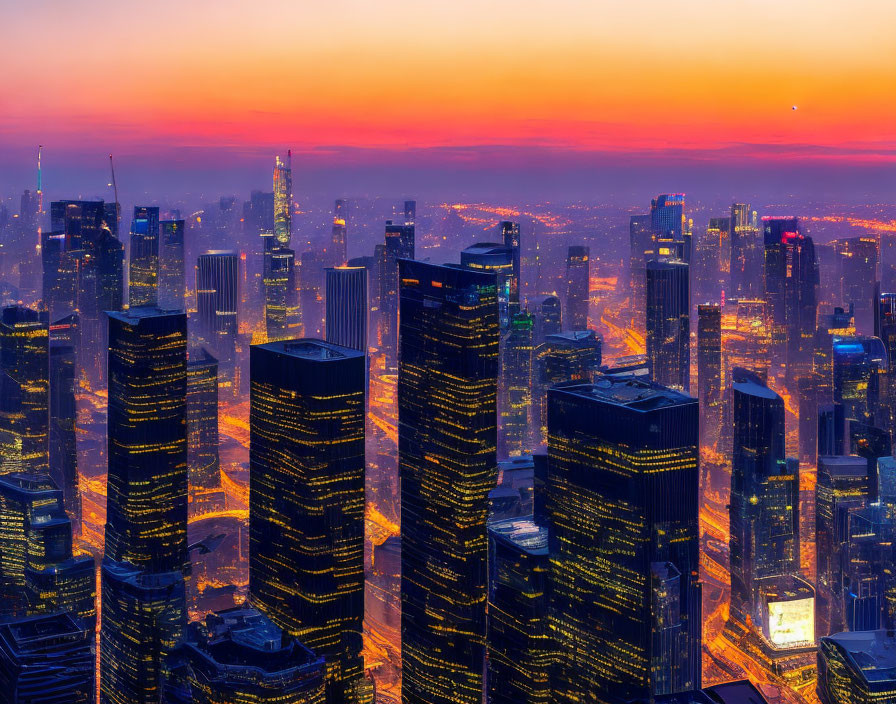 City skyline at dusk with illuminated skyscrapers under vibrant orange and blue sky