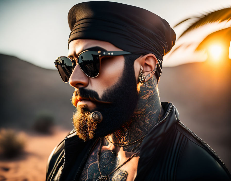 Tattooed bearded man in sunglasses and headscarf at desert sunset