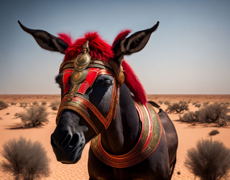 Intricate Red and Gold Headdress Horse in Desert Setting